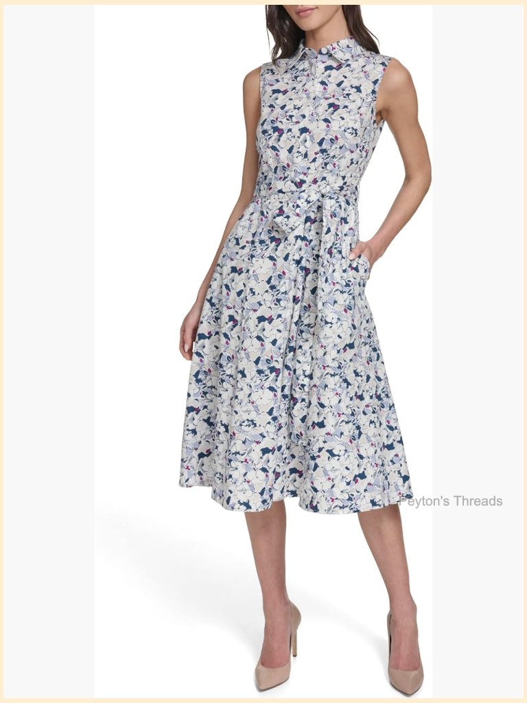 Sleeveless Floral Cotton A-Line Midi Dress With Belt